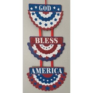Red, White And Blue Glitter God Bless America Hanging Wooden Wall Decor